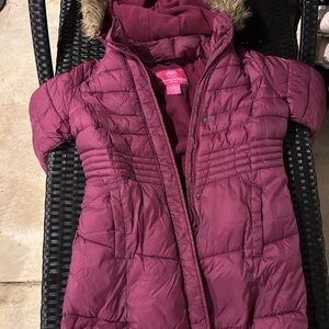 Girls' Plum Puffer Jacket with Faux Fur Hood